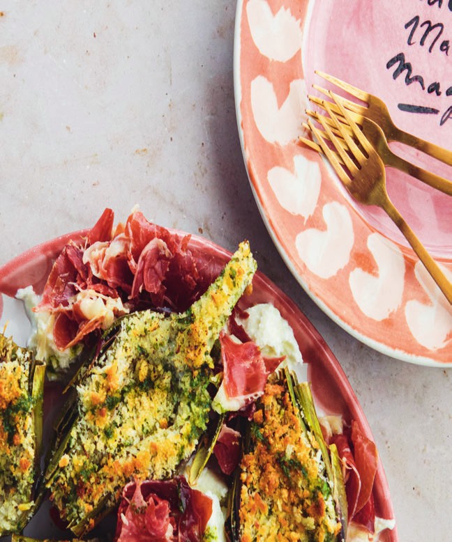 Artisjokken uit de oven met pata negra en buffelmozzarella